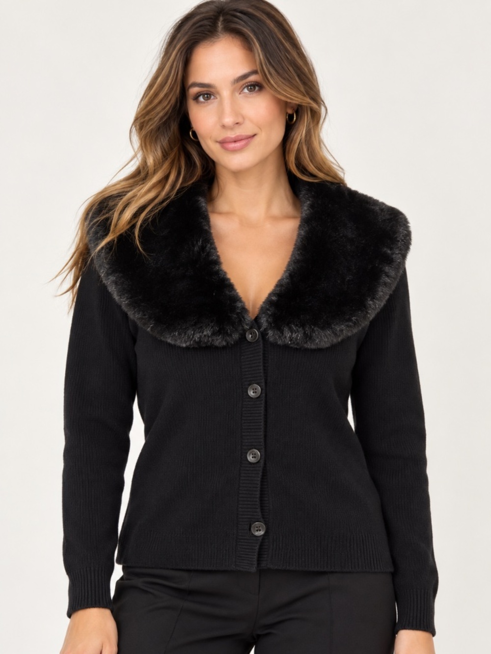 Jolie & Joy Black Faux Fur Collar Cardigan